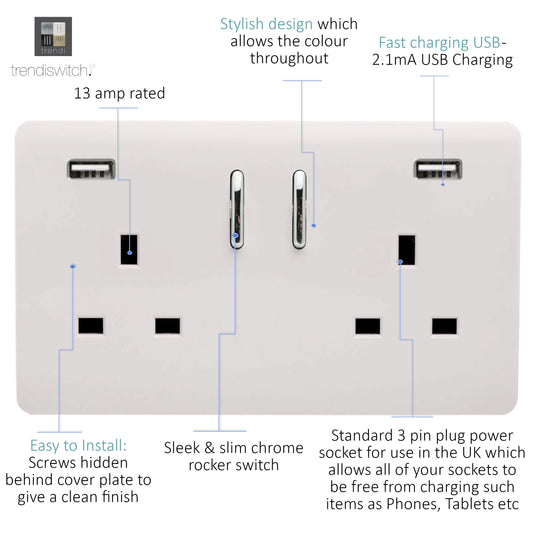 Trendi Switch ART-SKT213USB31AAWH, Artistic Modern 2 Gang USB 2x3.1mAH Plug Socket Ice White Finish, BRITISH MADE, (35mm Back Box Required), 5yrs Warranty - 53891