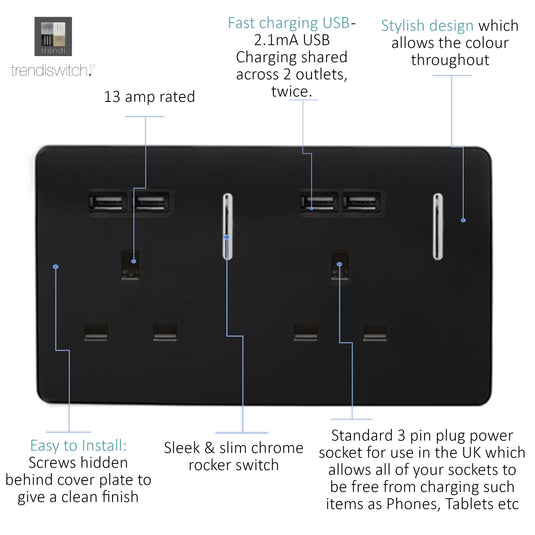 Trendi Switch ART-SKT213USBBK, Artistic Modern 2 Gang 13Amp Switched Double Socket With 4X 2.1Mah USB Gloss Black Finish, BRITISH MADE, (45mm Back Box Required) 5yrs Wrnty - 24242
