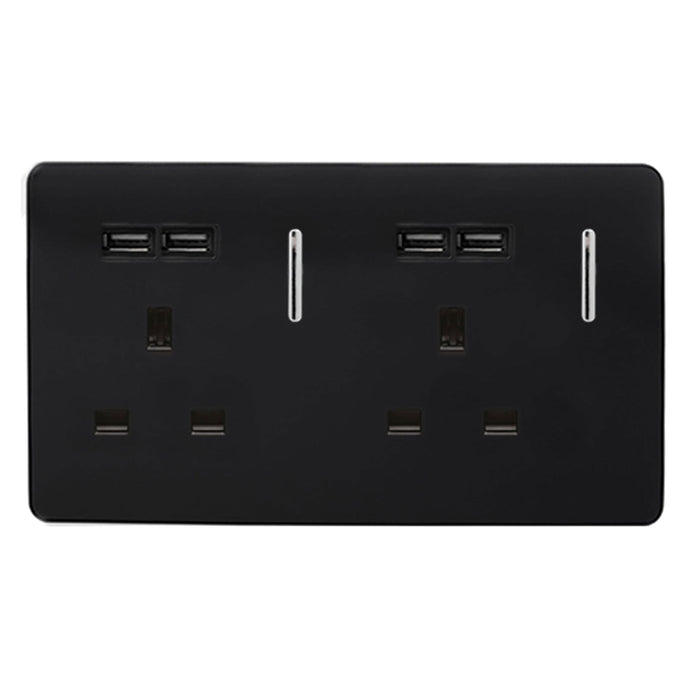 Trendi Switch ART-SKT213USBBK, Artistic Modern 2 Gang 13Amp Switched Double Socket With 4X 2.1Mah USB Gloss Black Finish, BRITISH MADE, (45mm Back Box Required) 5yrs Wrnty - 24242