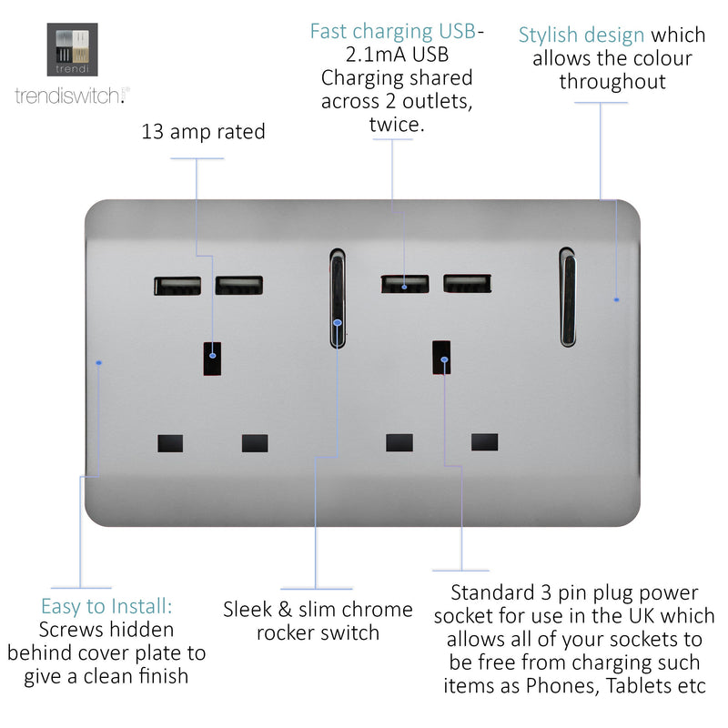 Load image into Gallery viewer, Trendi Switch ART-SKT213USBBS, Artistic 2 Gang 13Amp Switched Double Socket With 4X 2.1Mah USB Brushed Steel Finish, BRITISH MADE, (45mm Back Box Required), 5yrs Warranty - 53892
