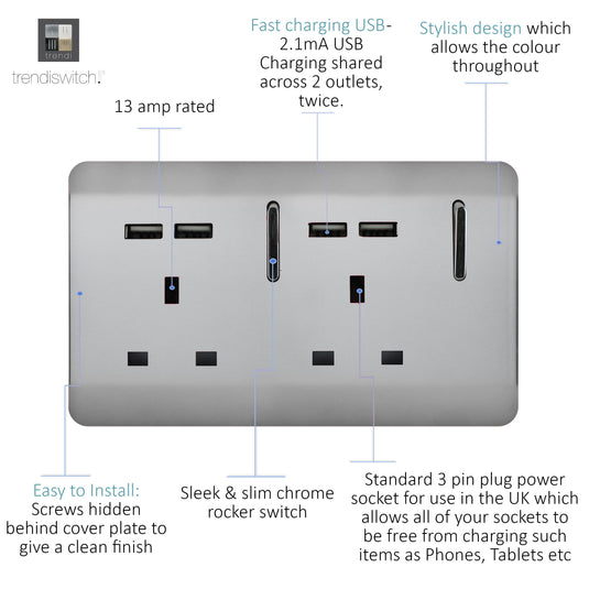 Trendi Switch ART-SKT213USBBS, Artistic 2 Gang 13Amp Switched Double Socket With 4X 2.1Mah USB Brushed Steel Finish, BRITISH MADE, (45mm Back Box Required), 5yrs Warranty - 53892