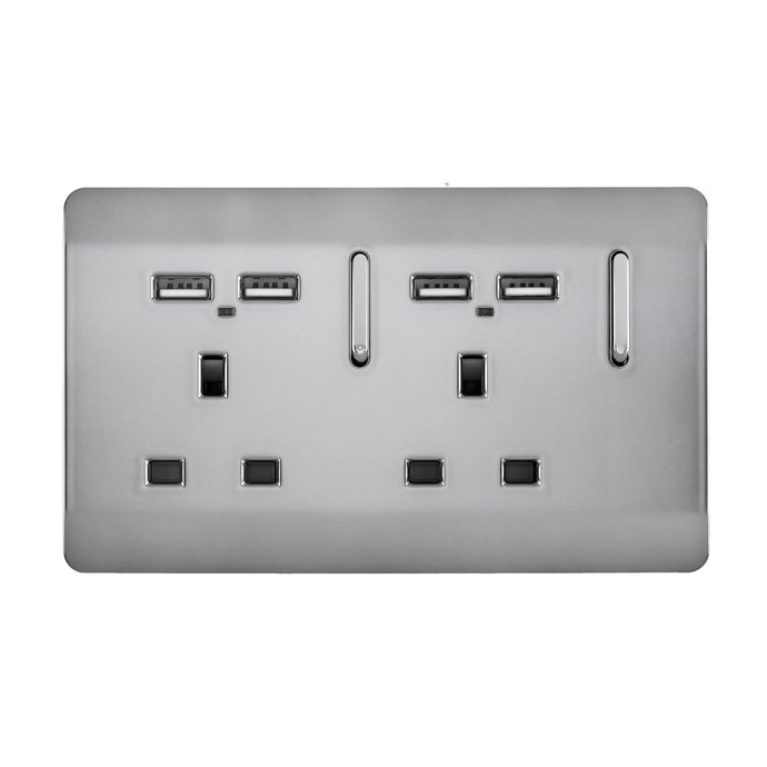 Trendi Switch ART-SKT213USBBS, Artistic 2 Gang 13Amp Switched Double Socket With 4X 2.1Mah USB Brushed Steel Finish, BRITISH MADE, (45mm Back Box Required), 5yrs Warranty - 53892