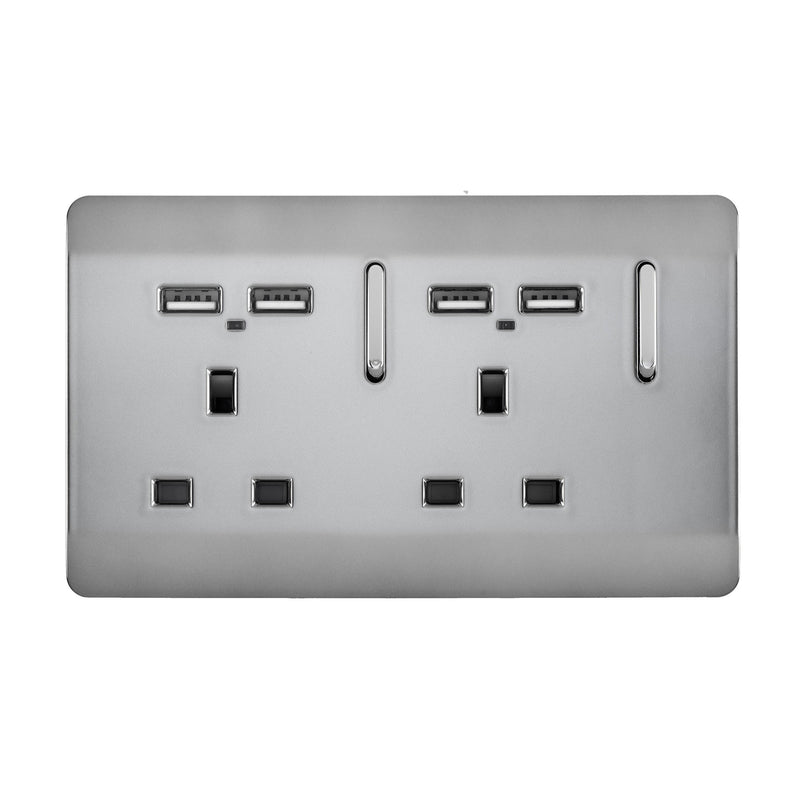 Load image into Gallery viewer, Trendi Switch ART-SKT213USBBS, Artistic 2 Gang 13Amp Switched Double Socket With 4X 2.1Mah USB Brushed Steel Finish, BRITISH MADE, (45mm Back Box Required), 5yrs Warranty - 53892
