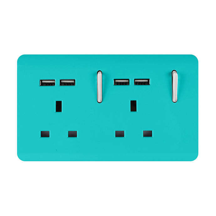 Trendi Switch ART-SKT213USBBT, Artistic 2 Gang 13Amp Switched Double Socket With 4X 2.1Mah USB Bright Teal Finish, BRITISH MADE, (45mm Back Box Required), 5yrs Warranty - 53893