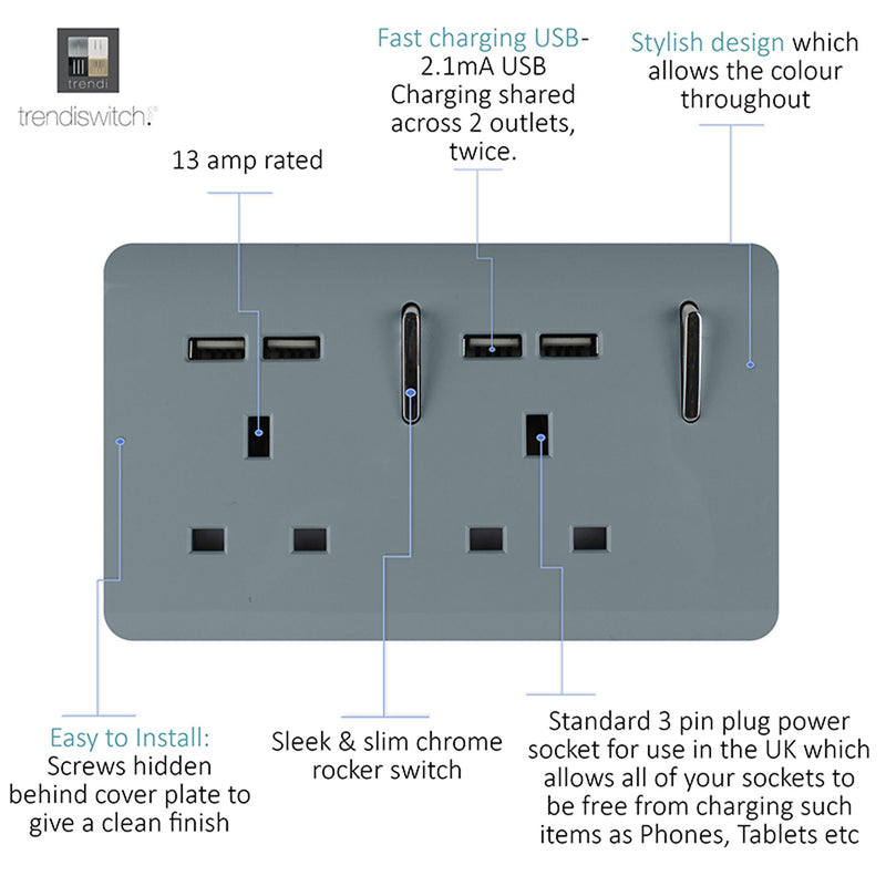 Load image into Gallery viewer, Trendi Switch ART-SKT213USBCG, Artistic 2 Gang 13Amp Switched Double Socket With 4X 2.1Mah USB Cool Grey Finish, BRITISH MADE, (45mm Back Box Required), 5yrs Warranty - 53894
