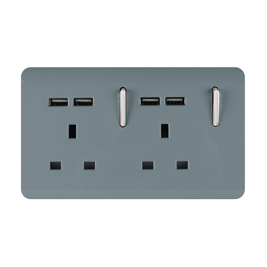 Trendi Switch ART-SKT213USBCG, Artistic 2 Gang 13Amp Switched Double Socket With 4X 2.1Mah USB Cool Grey Finish, BRITISH MADE, (45mm Back Box Required), 5yrs Warranty - 53894