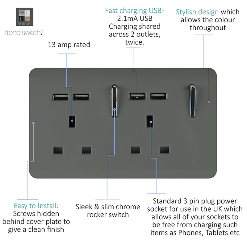 Load image into Gallery viewer, Trendi Switch ART-SKT213USBCH, Artistic 2 Gang 13Amp Switched Double Socket With 4X 2.1Mah USB Charcoal Finish, BRITISH MADE, (45mm Back Box Required), 5yrs Warranty - 53895
