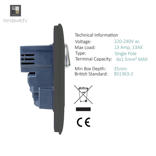 Trendi Switch ART-SKT213USBCH, Artistic 2 Gang 13Amp Switched Double Socket With 4X 2.1Mah USB Charcoal Finish, BRITISH MADE, (45mm Back Box Required), 5yrs Warranty - 53895