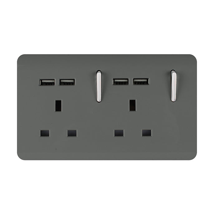 Trendi Switch ART-SKT213USBCH, Artistic 2 Gang 13Amp Switched Double Socket With 4X 2.1Mah USB Charcoal Finish, BRITISH MADE, (45mm Back Box Required), 5yrs Warranty - 53895