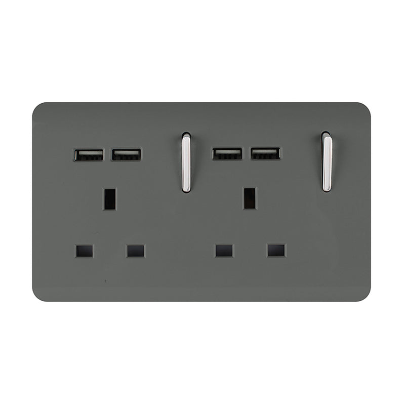 Load image into Gallery viewer, Trendi Switch ART-SKT213USBCH, Artistic 2 Gang 13Amp Switched Double Socket With 4X 2.1Mah USB Charcoal Finish, BRITISH MADE, (45mm Back Box Required), 5yrs Warranty - 53895
