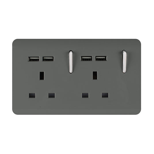 Trendi Switch ART-SKT213USBCH, Artistic 2 Gang 13Amp Switched Double Socket With 4X 2.1Mah USB Charcoal Finish, BRITISH MADE, (45mm Back Box Required), 5yrs Warranty - 53895