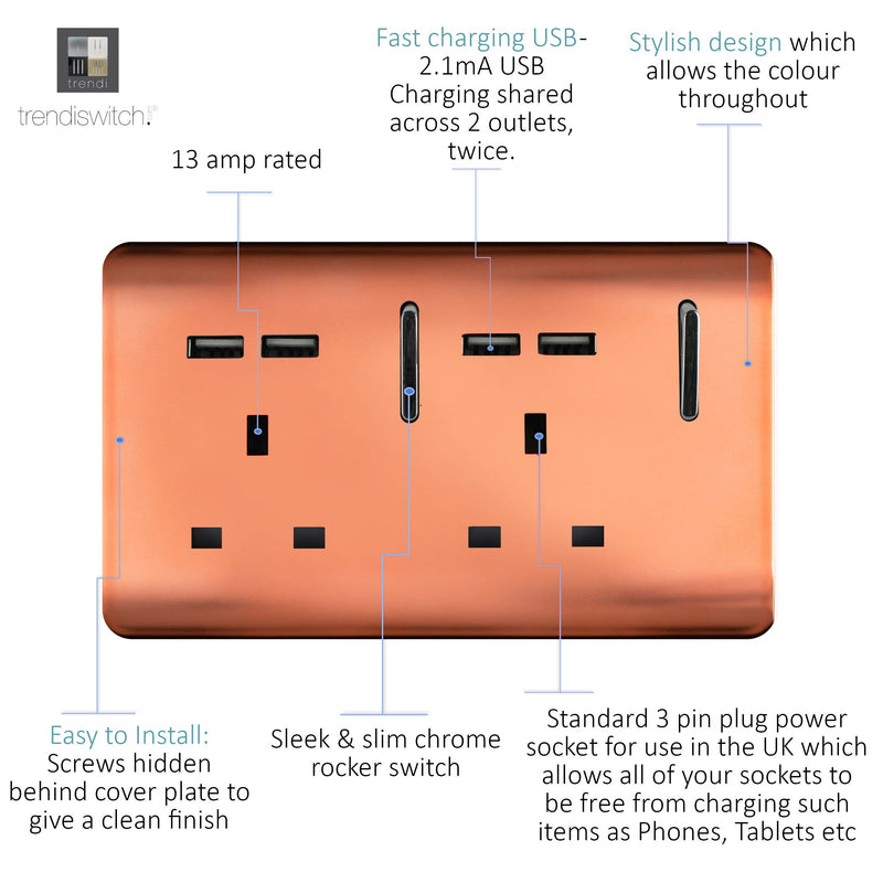 Load image into Gallery viewer, Trendi Switch ART-SKT213USBCPR, Artistic Modern 2 Gang 13Amp Switched Double Socket With 4X 2.1Mah USB Copper Finish, BRITISH MADE, (45mm Back Box Required), 5yrs Warranty - 53896
