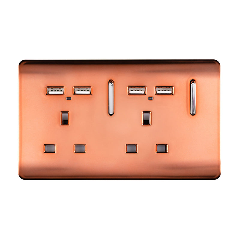 Load image into Gallery viewer, Trendi Switch ART-SKT213USBCPR, Artistic Modern 2 Gang 13Amp Switched Double Socket With 4X 2.1Mah USB Copper Finish, BRITISH MADE, (45mm Back Box Required), 5yrs Warranty - 53896
