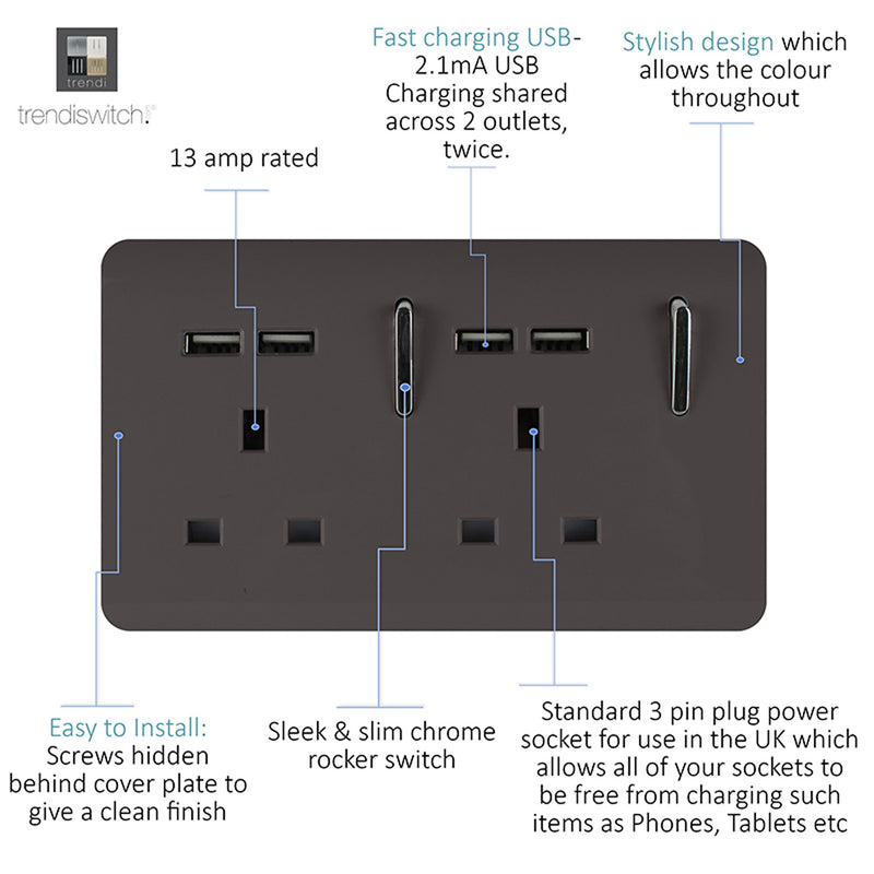 Load image into Gallery viewer, Trendi Switch ART-SKT213USBDB, Artistic 2 Gang 13Amp Switched Double Socket With 4X 2.1Mah USB Dark Brown Finish, BRITISH MADE, (45mm Back Box Required), 5yrs Warranty - 53897
