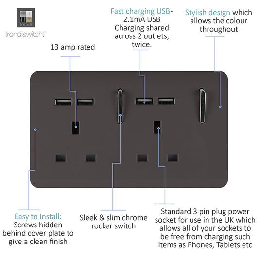 Trendi Switch ART-SKT213USBDB, Artistic 2 Gang 13Amp Switched Double Socket With 4X 2.1Mah USB Dark Brown Finish, BRITISH MADE, (45mm Back Box Required), 5yrs Warranty - 53897