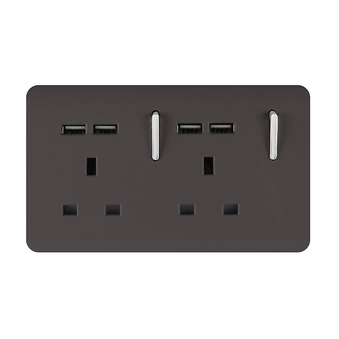 Trendi Switch ART-SKT213USBDB, Artistic 2 Gang 13Amp Switched Double Socket With 4X 2.1Mah USB Dark Brown Finish, BRITISH MADE, (45mm Back Box Required), 5yrs Warranty - 53897