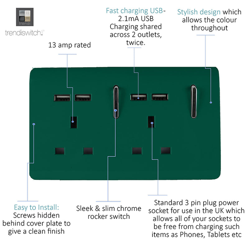 Load image into Gallery viewer, Trendi Switch ART-SKT213USBDG, Artistic 2 Gang 13Amp Switched Double Socket With 4X 2.1Mah USB Dark Green Finish, BRITISH MADE, (45mm Back Box Required), 5yrs Warranty - 53898
