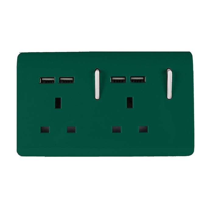 Trendi Switch ART-SKT213USBDG, Artistic 2 Gang 13Amp Switched Double Socket With 4X 2.1Mah USB Dark Green Finish, BRITISH MADE, (45mm Back Box Required), 5yrs Warranty - 53898