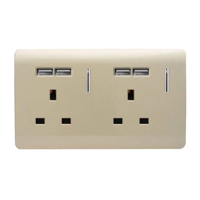 Trendi Switch ART-SKT213USBGO, Artistic Modern 2 Gang 13A Switched Double Socket With 4X 2.1Mah USB Champagne Gold Finish, BRITISH MADE, (45mm Back Box Required) 5yrs Wrnty - 24239