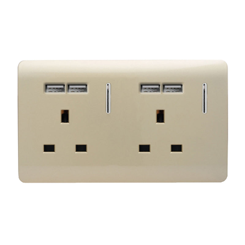 Load image into Gallery viewer, Trendi Switch ART-SKT213USBGO, Artistic Modern 2 Gang 13A Switched Double Socket With 4X 2.1Mah USB Champagne Gold Finish, BRITISH MADE, (45mm Back Box Required) 5yrs Wrnty - 24239
