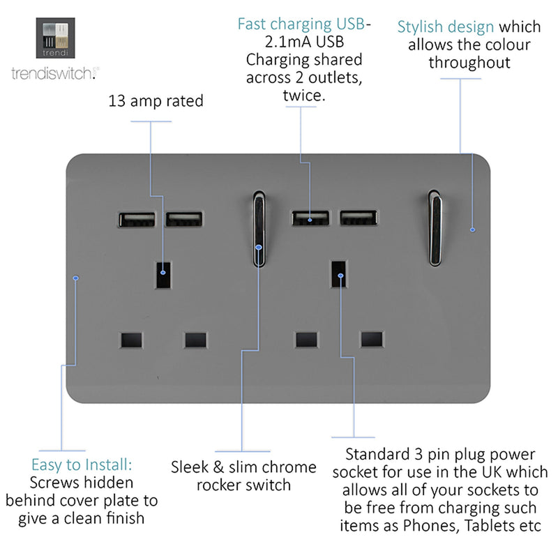 Load image into Gallery viewer, Trendi Switch ART-SKT213USBLG, Artistic 2 Gang 13Amp Switched Double Socket With 4X 2.1Mah USB Light Grey Finish, BRITISH MADE, (45mm Back Box Required), 5yrs Warranty - 53899
