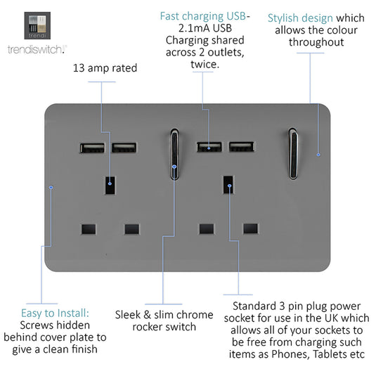 Trendi Switch ART-SKT213USBLG, Artistic 2 Gang 13Amp Switched Double Socket With 4X 2.1Mah USB Light Grey Finish, BRITISH MADE, (45mm Back Box Required), 5yrs Warranty - 53899