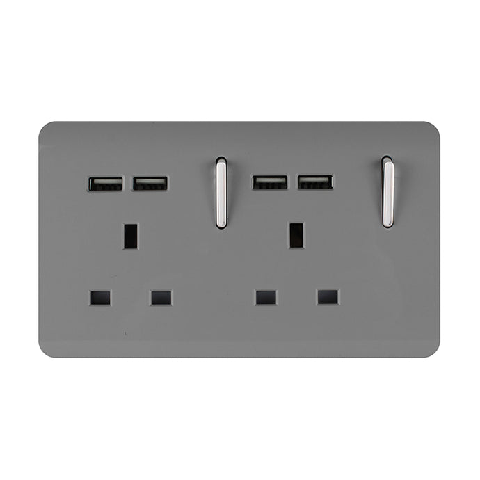 Trendi Switch ART-SKT213USBLG, Artistic 2 Gang 13Amp Switched Double Socket With 4X 2.1Mah USB Light Grey Finish, BRITISH MADE, (45mm Back Box Required), 5yrs Warranty - 53899