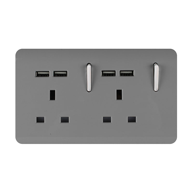 Load image into Gallery viewer, Trendi Switch ART-SKT213USBLG, Artistic 2 Gang 13Amp Switched Double Socket With 4X 2.1Mah USB Light Grey Finish, BRITISH MADE, (45mm Back Box Required), 5yrs Warranty - 53899
