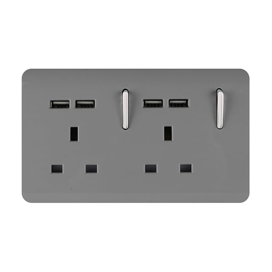 Trendi Switch ART-SKT213USBLG, Artistic 2 Gang 13Amp Switched Double Socket With 4X 2.1Mah USB Light Grey Finish, BRITISH MADE, (45mm Back Box Required), 5yrs Warranty - 53899