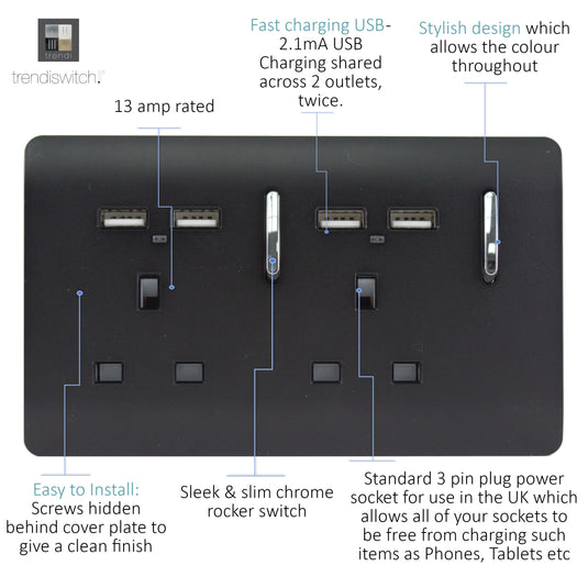 Trendi Switch ART-SKT213USBMBK, Artistic Modern 2 Gang 13Amp Switched Double Socket With 4X 2.1Mah USB Matt Black Finish, BRITISH MADE, (45mm Back Box Required) 5yrs Warranty - 43878