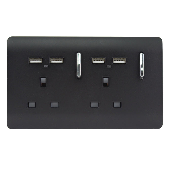 Trendi Switch ART-SKT213USBMBK, Artistic Modern 2 Gang 13Amp Switched Double Socket With 4X 2.1Mah USB Matt Black Finish, BRITISH MADE, (45mm Back Box Required) 5yrs Warranty - 43878