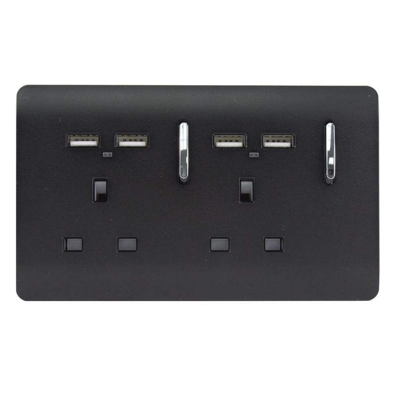 Load image into Gallery viewer, Trendi Switch ART-SKT213USBMBK, Artistic Modern 2 Gang 13Amp Switched Double Socket With 4X 2.1Mah USB Matt Black Finish, BRITISH MADE, (45mm Back Box Required) 5yrs Warranty - 43878
