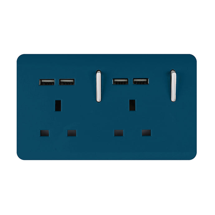 Trendi Switch ART-SKT213USBMD, Artistic 2 Gang 13Amp Switched Double Socket With 4X 2.1Mah USB Midnight Blue Finish, BRITISH MADE, (45mm Back Box Required), 5yrs Warranty - 53900