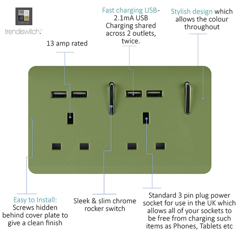 Load image into Gallery viewer, Trendi Switch ART-SKT213USBMG, Artistic 2 Gang 13Amp Switched Double Socket With 4X 2.1Mah USB Moss Green Finish, BRITISH MADE, (45mm Back Box Required), 5yrs Warranty - 53901
