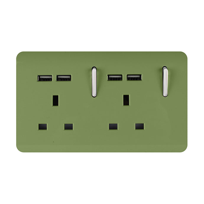 Trendi Switch ART-SKT213USBMG, Artistic 2 Gang 13Amp Switched Double Socket With 4X 2.1Mah USB Moss Green Finish, BRITISH MADE, (45mm Back Box Required), 5yrs Warranty - 53901