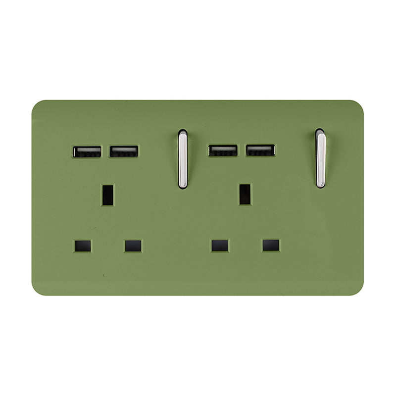 Load image into Gallery viewer, Trendi Switch ART-SKT213USBMG, Artistic 2 Gang 13Amp Switched Double Socket With 4X 2.1Mah USB Moss Green Finish, BRITISH MADE, (45mm Back Box Required), 5yrs Warranty - 53901
