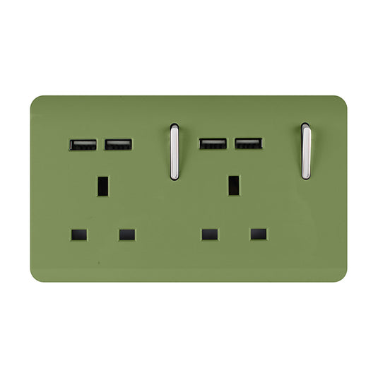 Trendi Switch ART-SKT213USBMG, Artistic 2 Gang 13Amp Switched Double Socket With 4X 2.1Mah USB Moss Green Finish, BRITISH MADE, (45mm Back Box Required), 5yrs Warranty - 53901