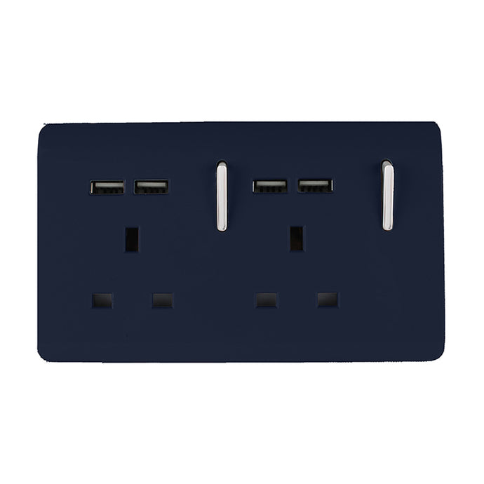 Trendi Switch ART-SKT213USBNV, Artistic Modern 2 Gang 13A Switched Double Socket With 4X 2.1Mah USB Navy Blue Finish, BRITISH MADE, (45mm Back Box Required), 5yrs Warranty - 53902