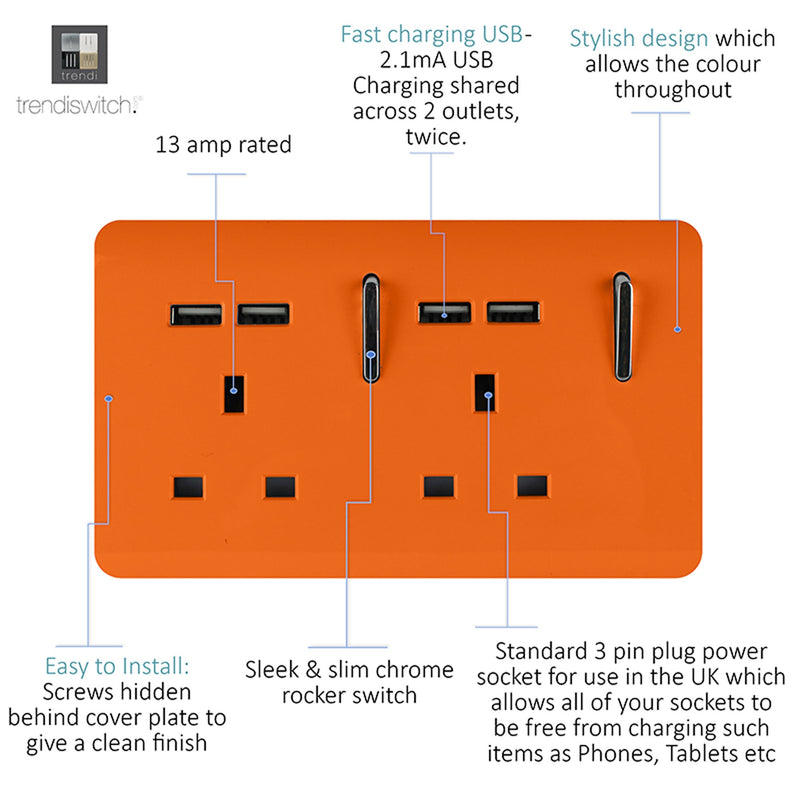 Load image into Gallery viewer, Trendi Switch ART-SKT213USBOR, Artistic 2 Gang 13Amp Switched Double Socket With 4X 2.1Mah USB Orange Finish, BRITISH MADE, (45mm Back Box Required), 5yrs Warranty - 53904
