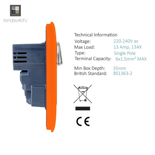 Trendi Switch ART-SKT213USBOR, Artistic 2 Gang 13Amp Switched Double Socket With 4X 2.1Mah USB Orange Finish, BRITISH MADE, (45mm Back Box Required), 5yrs Warranty - 53904