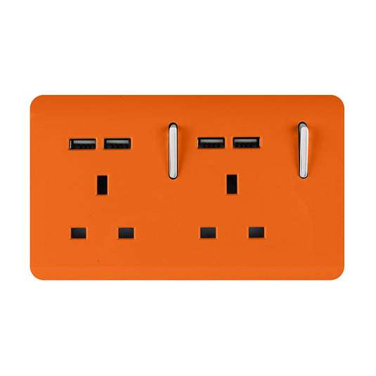 Trendi Switch ART-SKT213USBOR, Artistic 2 Gang 13Amp Switched Double Socket With 4X 2.1Mah USB Orange Finish, BRITISH MADE, (45mm Back Box Required), 5yrs Warranty - 53904