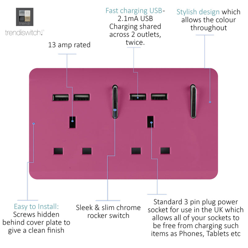 Load image into Gallery viewer, Trendi Switch ART-SKT213USBPK, Artistic 2 Gang 13Amp Switched Double Socket With 4X 2.1Mah USB Pink Finish, BRITISH MADE, (45mm Back Box Required), 5yrs Warranty - 53905
