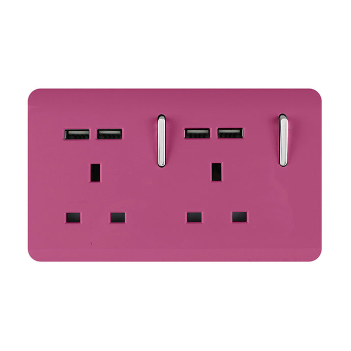 Trendi Switch ART-SKT213USBPK, Artistic 2 Gang 13Amp Switched Double Socket With 4X 2.1Mah USB Pink Finish, BRITISH MADE, (45mm Back Box Required), 5yrs Warranty - 53905