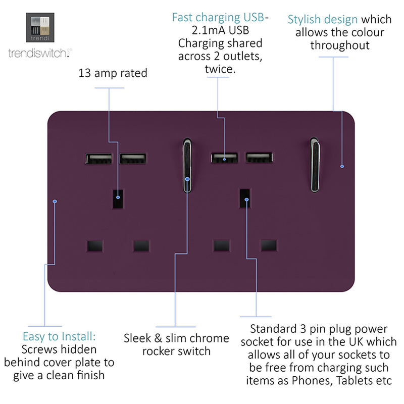 Load image into Gallery viewer, Trendi Switch ART-SKT213USBPL, Artistic 2 Gang 13Amp Switched Double Socket With 4X 2.1Mah USB Plum Finish, BRITISH MADE, (45mm Back Box Required), 5yrs Warranty - 53906
