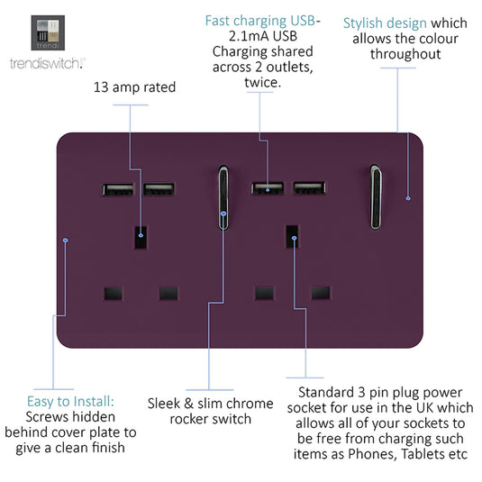 Trendi Switch ART-SKT213USBPL, Artistic 2 Gang 13Amp Switched Double Socket With 4X 2.1Mah USB Plum Finish, BRITISH MADE, (45mm Back Box Required), 5yrs Warranty - 53906