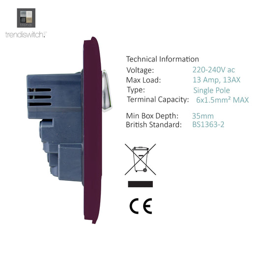 Trendi Switch ART-SKT213USBPL, Artistic 2 Gang 13Amp Switched Double Socket With 4X 2.1Mah USB Plum Finish, BRITISH MADE, (45mm Back Box Required), 5yrs Warranty - 53906