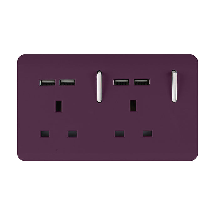 Trendi Switch ART-SKT213USBPL, Artistic 2 Gang 13Amp Switched Double Socket With 4X 2.1Mah USB Plum Finish, BRITISH MADE, (45mm Back Box Required), 5yrs Warranty - 53906