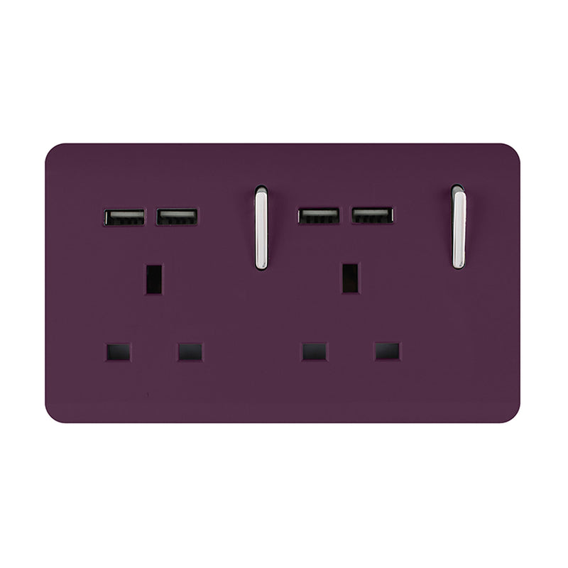 Load image into Gallery viewer, Trendi Switch ART-SKT213USBPL, Artistic 2 Gang 13Amp Switched Double Socket With 4X 2.1Mah USB Plum Finish, BRITISH MADE, (45mm Back Box Required), 5yrs Warranty - 53906
