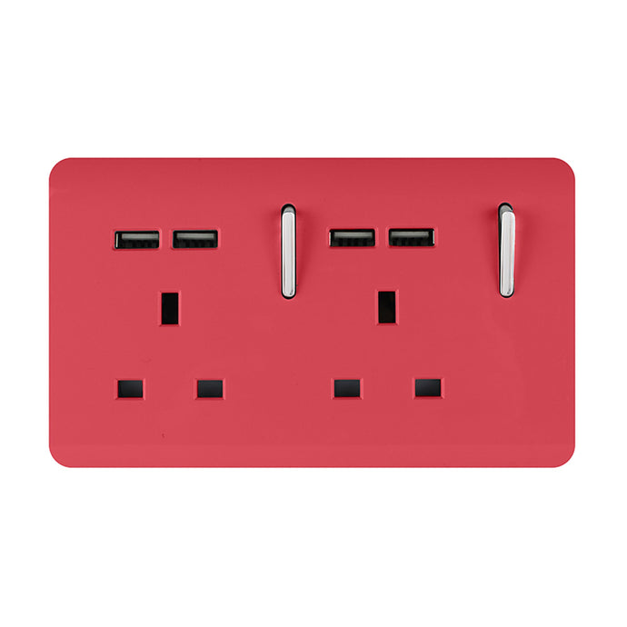 Trendi Switch ART-SKT213USBSB, Artistic 2 Gang 13Amp Switched Double Socket With 4X 2.1Mah USB Strawberry Finish, BRITISH MADE, (45mm Back Box Required), 5yrs Warranty - 53907