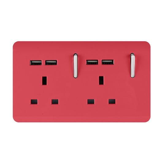 Trendi Switch ART-SKT213USBSB, Artistic 2 Gang 13Amp Switched Double Socket With 4X 2.1Mah USB Strawberry Finish, BRITISH MADE, (45mm Back Box Required), 5yrs Warranty - 53907